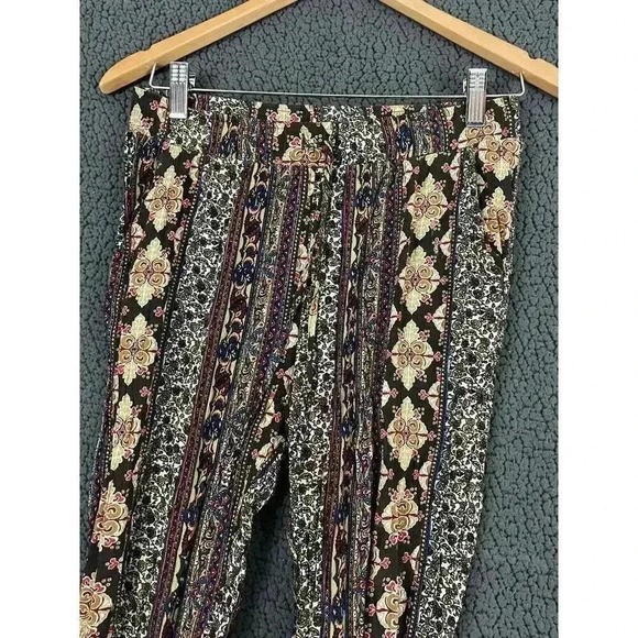 Brown Floral Casual Pants SMALL Pockets Elastic Waist Tribal Print Comfortable - Picture 4 of 8